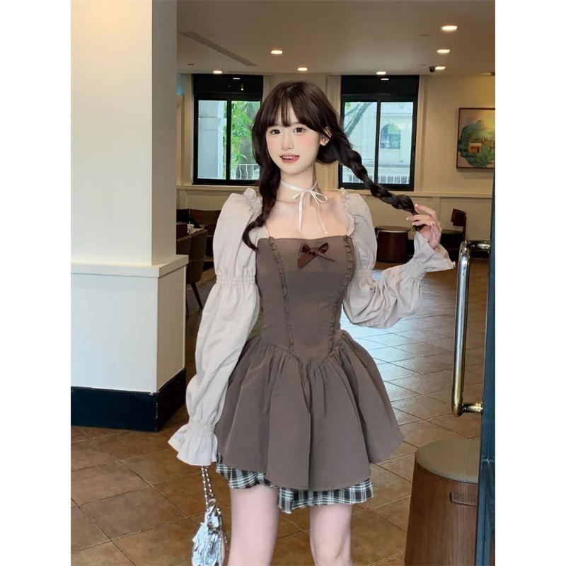 Contrast Color Korean Bow Patchwork Women Dress Slim Waist Tunic Sweet Dresses Y2k Aesthetic Fashion Elegant Puff Sleeve Vestido