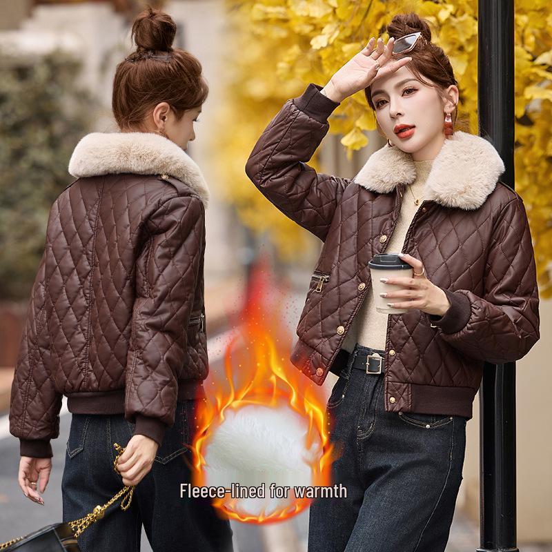 Winter Women's Korean Fashion PU Leather Coat with Fleece Lining and Fur Collar - Style WA8211