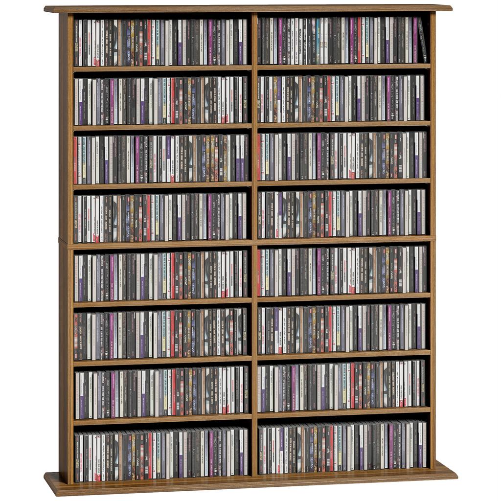 CD/DVD Storage Unit, 16 Compartments, 12 Adjustable Shelves, 720 CDs/396 DVDs, Walnut