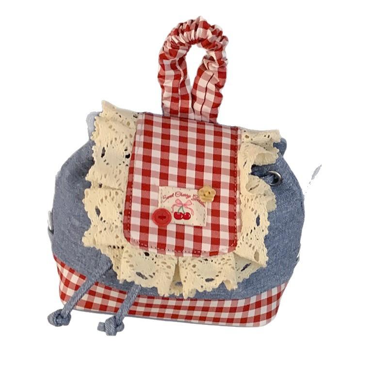 Korean Cute Fashion Denim Backpack Bag Women's 2025 New Plaid Lace Bucket Bag