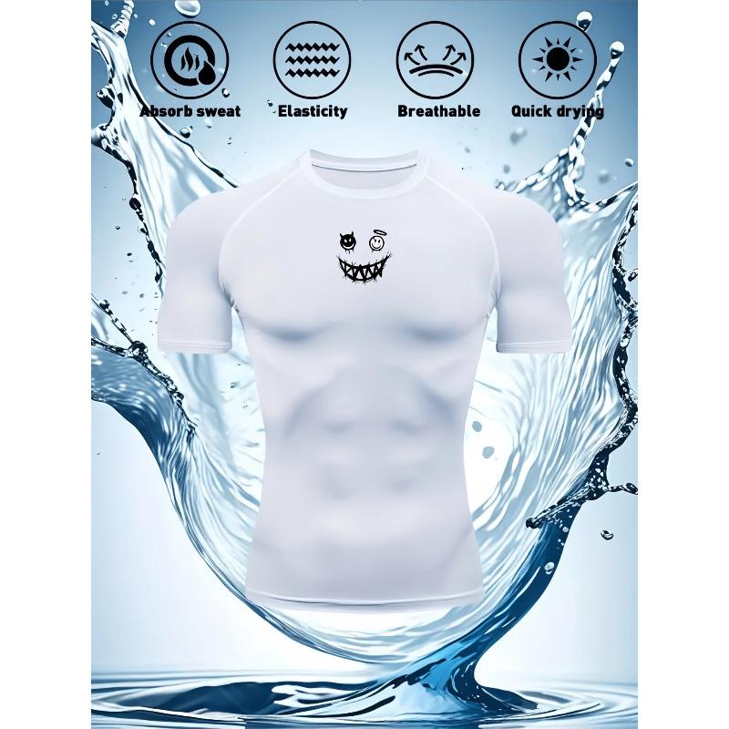 Men's Compression Shirt Quick Dry White Gym T-Shirt Black Grinning Monster Print Workout Sportswear