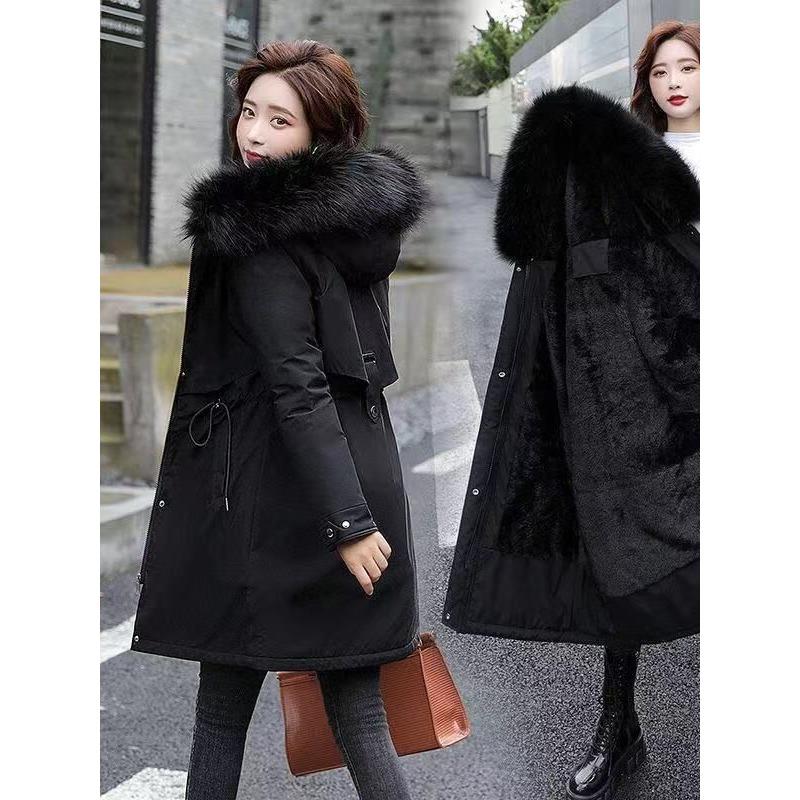 Parker Clothing Winter Women's Padded Jacket Mid-length Big Fur Collar Plus Velvet Padded Jacket Padded Jacket Thick Jacket