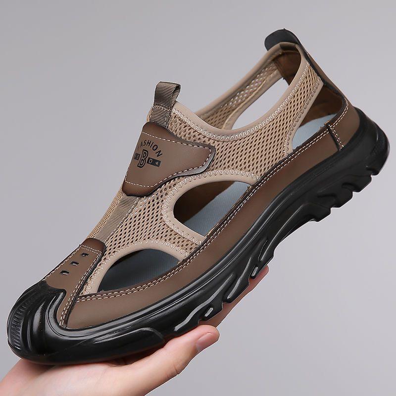 2025 summer old north breathable sandals men's inner height increase soft leather light bottom casual mesh hole shoes tide