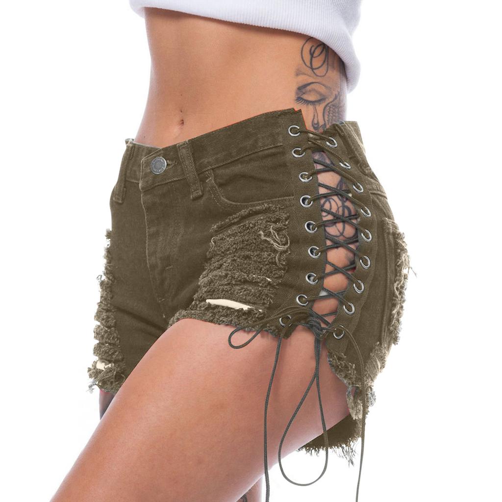 Women's Sexy Hot Pants Ripped Sexy Street Cut Low Top Denim Shorts Side Side Tether Pants Denim Shorts