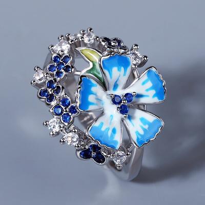 Klassischer Ring für Frauen, blauer Blumenring, Ethno-Stil, handgefertigt, Emaille, Damenschmuck, Teilnahme an Partys, Eheringe