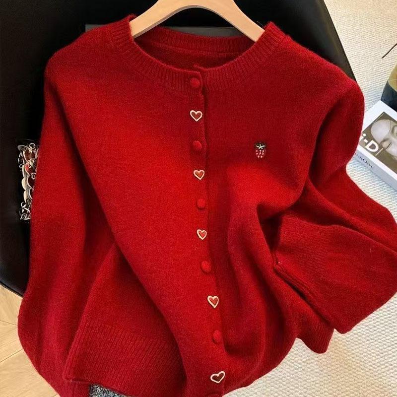 Elegant Red Button-Up Dragon Year Cardigan: Autumn/Winter 2026 Slimming Loose Sweater