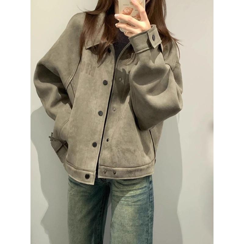 Vintage American Short Suede Jacket Women Loose Fit Casual  Fall Coat Lazy Style