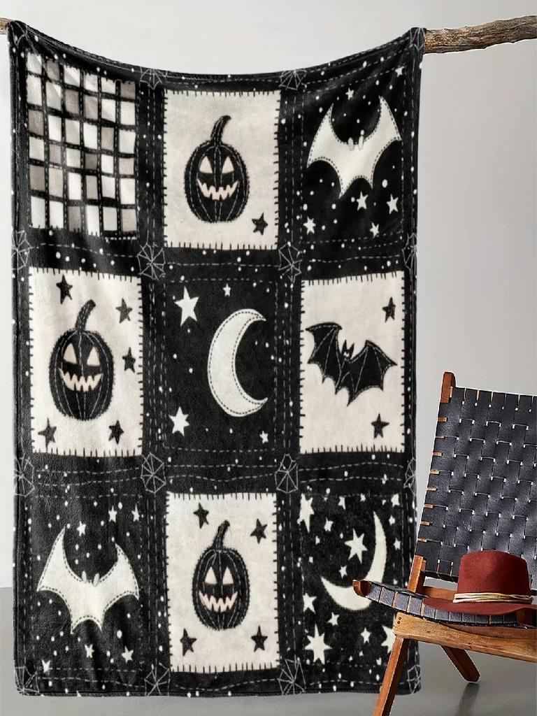 Cozy Flannel Halloween Throw Blanket with Pumpkin and Bat Design  Soft Warm Plaid for Home Travel Office Camping Use