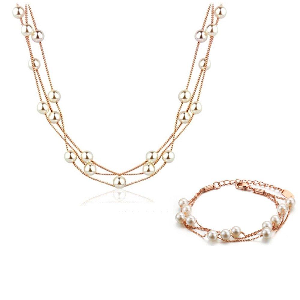 

[K.L.Y] Women s Pearl Necklace, 18K RGP, Triple Strand Station Necklace and Bracelet Set, Gift for Office, White Day (Pink Gold)