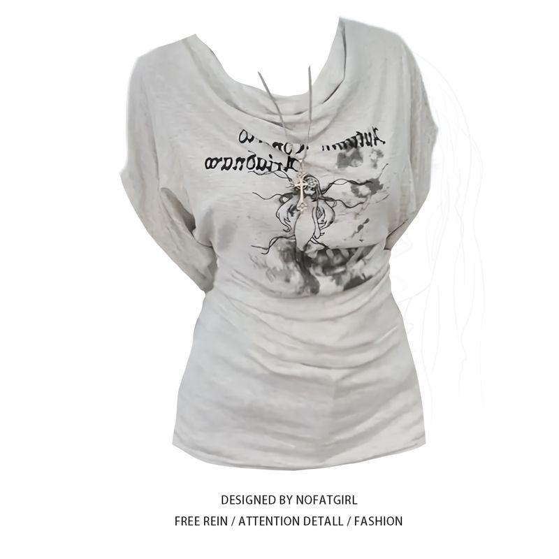 

Plus size Chubby Girl American Style Gyaru Sloping Shoulder Short sleeve T-shirt Women Summer New Creative Print Design Sense Top Fashion Gray L