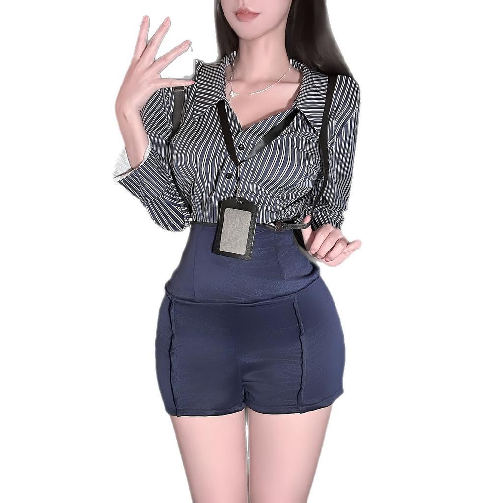 Sex underwear large size sweet and spicy pure desire temperament royal sister style striped shirt top high waist strap shorts women