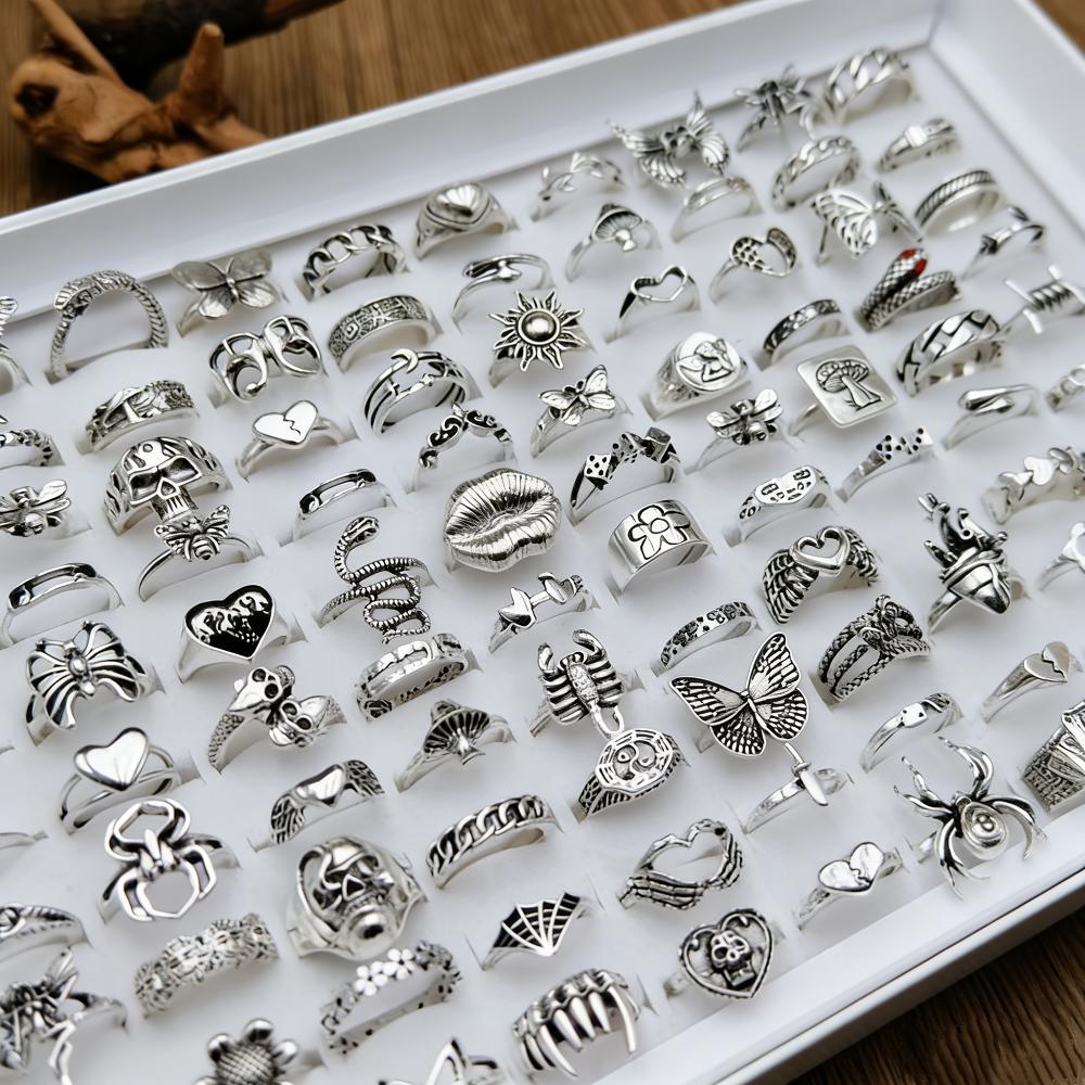 10/20/30/50Pieces Retro Punk Skull Butterfly Rings Set For Women Men Mix Style Gothic Vintage Heart Snake Jewelry Party Gifts