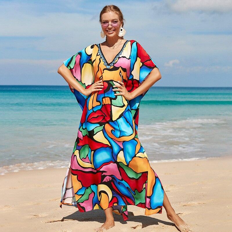 Kaftan Beach Dress Rayon Women Boho Colorful Printed Plus Size Maxi Summer Bathing Suit Cover Up