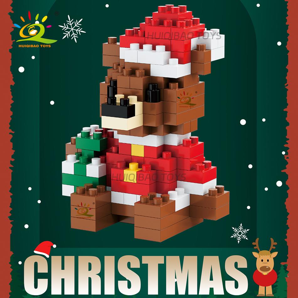 HUIQIBAO Mini Christmas Tree Santa Claus Children Train Model Micro Bricks Building Block Snowman Elk Bricks Toys New Year Gift