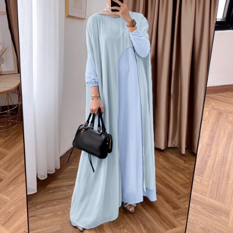 ZANZEA Kvinner Casual Falsk Todelt Chiffon Patchwork Langermet Lang Kjole
