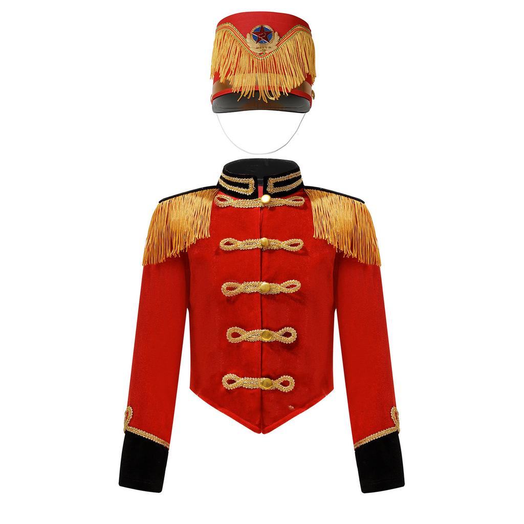 Girls Marching Band Costume Set Long Sleeve Stand Collar Tassel Shoulder Button Down Jacket Hat