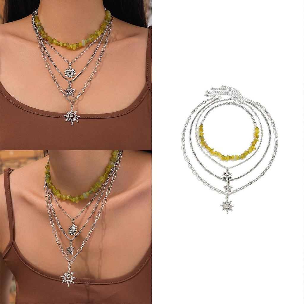 Stylish Stackable Sun and Star Necklace Set Multilayer Clavicle Chain Gravel Bead Jewelry For Casual Or Formal Outfits