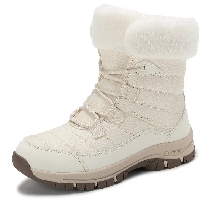 Women Winter Snow Boots Plush Lace Up Mid Calf Boots Thick Sole Warm Cotton Shoes Outdoor Hiking Sneakers Non Slip