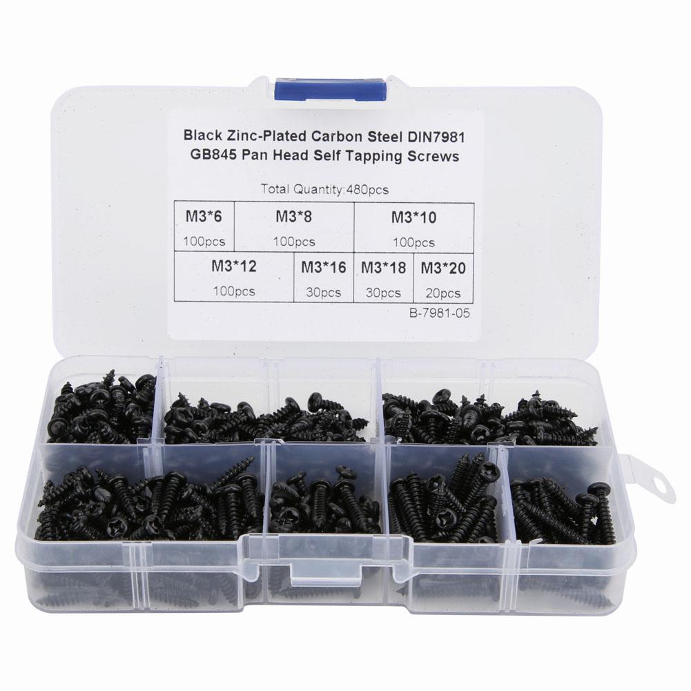 480Pcs Self Tapping Screw Pan Round Hd Carbon Steel Fittings M3 Black Nickel Plating(Carbon Steel Black )