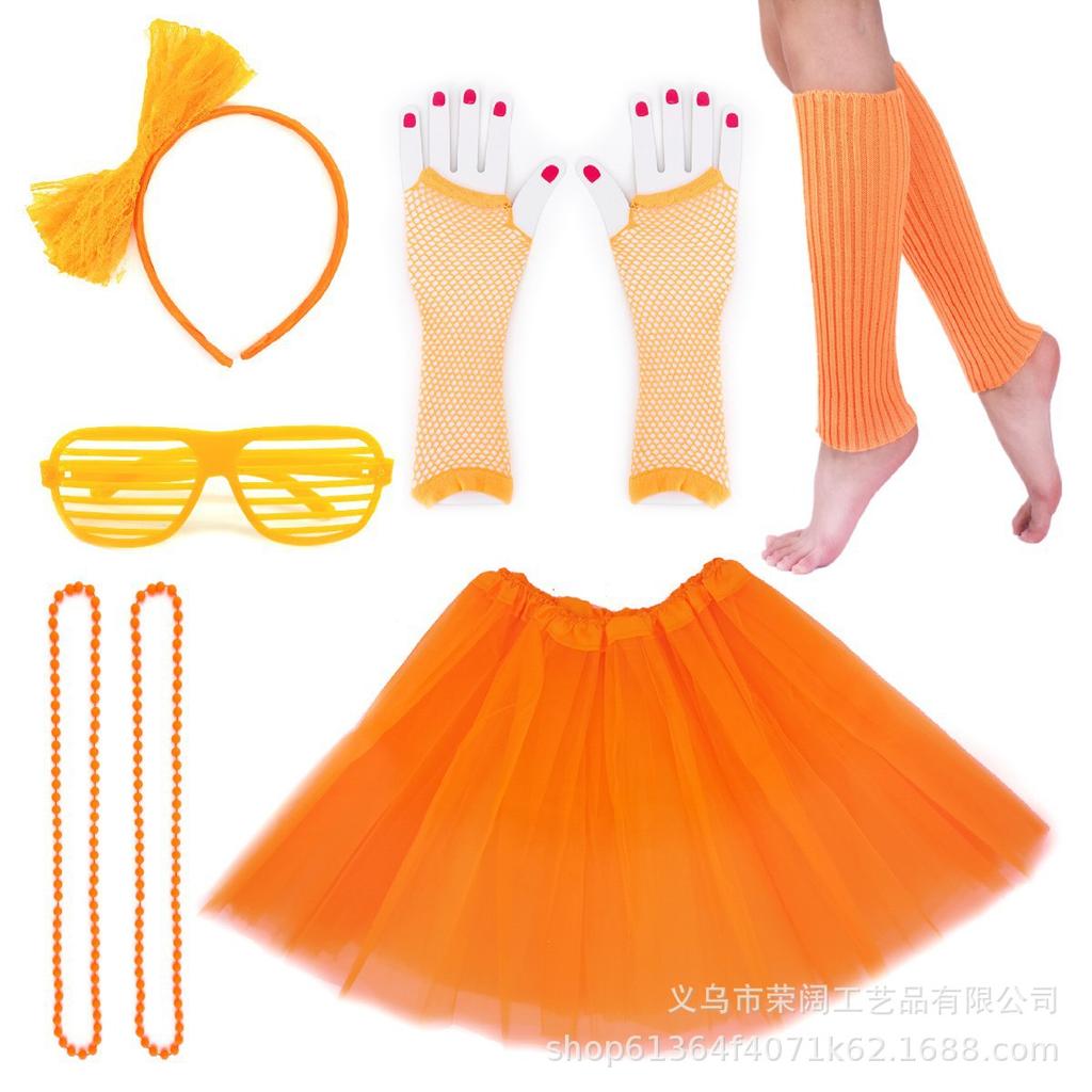 1980s Prom Cosplay Accessories Slatted Glasses Knitted Leg Warmers Lace Headband Wire Necklace Fishnet Gloves 6pc Set