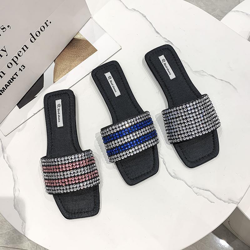 luxury designer shiny crystal slippers women flat heel outdoor slides summer shoes bling sandalias open toe glitter flip flops