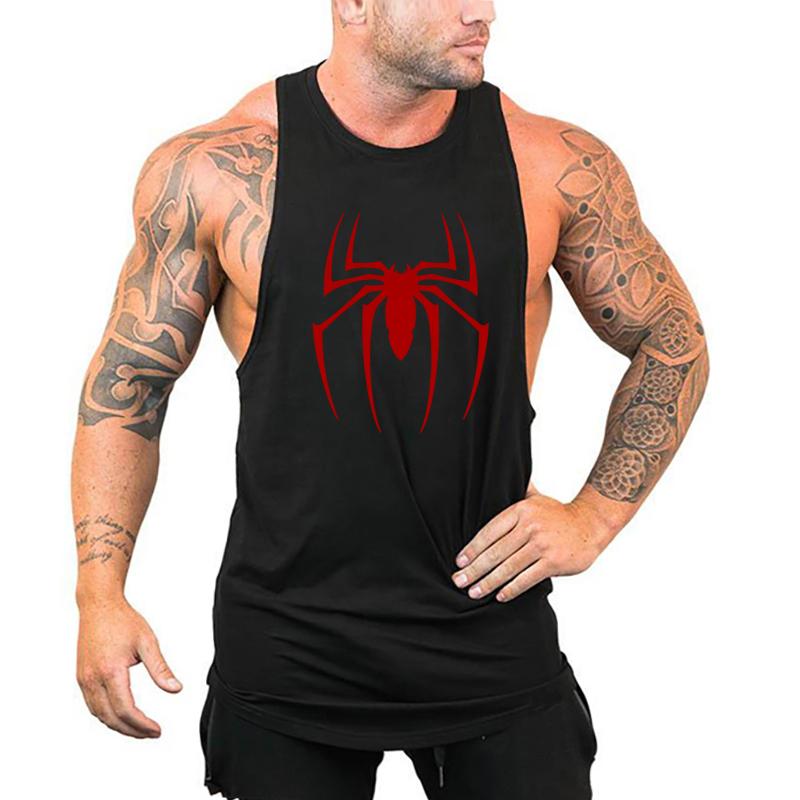 Muscleguys Red Spider Printed Running Vests Mens Gym Tank Tops Cotton Breathable Fitness Sleeveless T-Shirt Bodybuilding Training Clothing