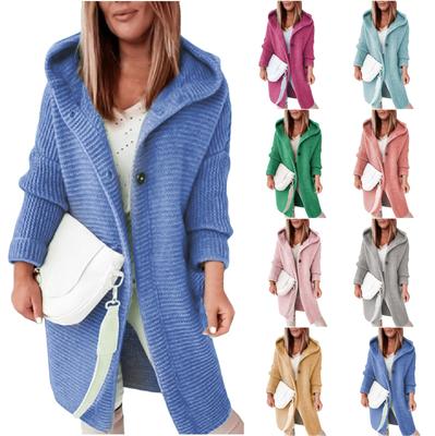 Damen-Strickjacke mit Kapuze, einfarbig, langer Pullover, Mantel, verdickt, Winter, warm