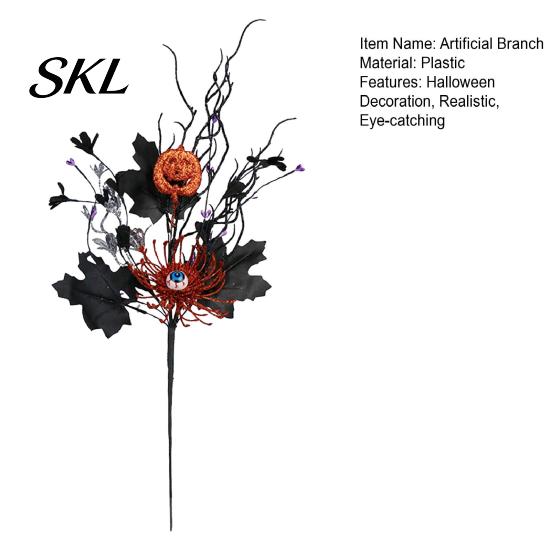 Reusable Halloween Decorations Artificial Branch with Pumpkin And Eyeball, Black Glitter Fake Twig Home Decor Maple Leaves for Gothic Vase Filler,