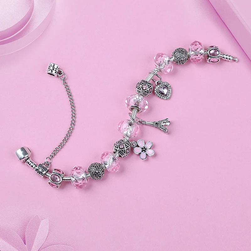 Silver Color Eiffel Tower Pendants Bracelet & Bangle Diy Pink Crystal Heart Flower Bead Women Bracelet Charm Jewelry