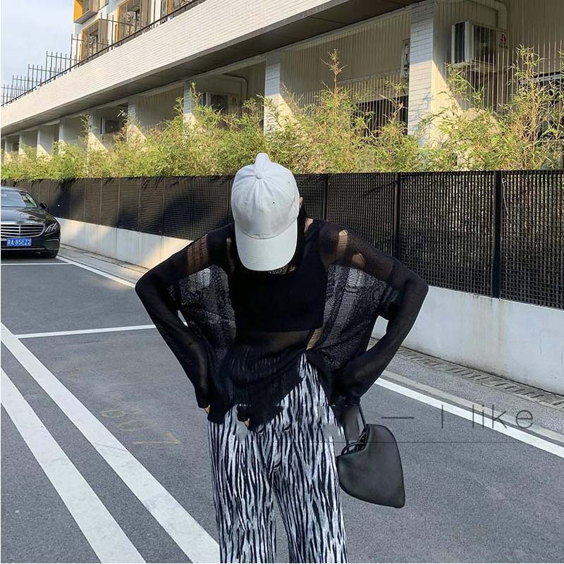 Y2K Schwarz Eis Seide Hohl Dünnen Pullover Damen Langarm Sonnenschutz Top Neue Sexy Lose Kintwear Ripped Bluse Punk stil Pullover