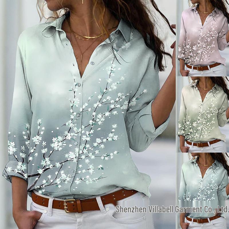 Plus Size V-neck Peach Blossom Print Long Sleeve Loose Women s Top S