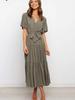 New Style V-Neck Solid Color Short Sleeve Ruched High-Waisted Dress Bohemian Maxi Dress