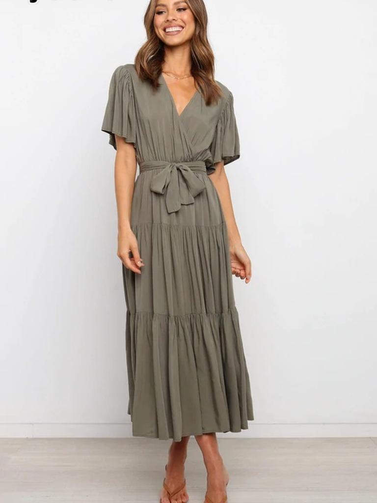 New Style V-Neck Solid Color Short Sleeve Ruched High-Waisted Dress Bohemian Maxi Dress