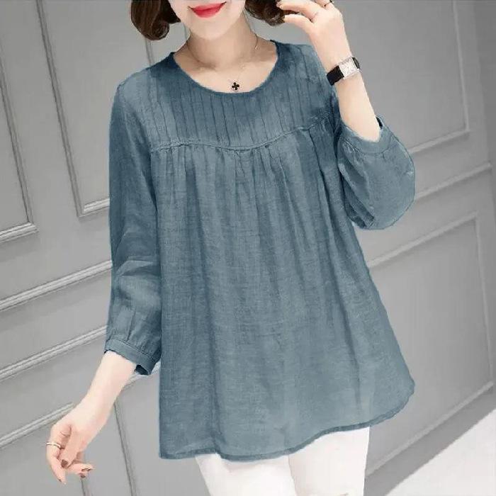 Summer Women's Clothing Solid Cotton Linen Round Neck Short Sleeve Female Clothing Large Loose Slim Breathable Casual Tops