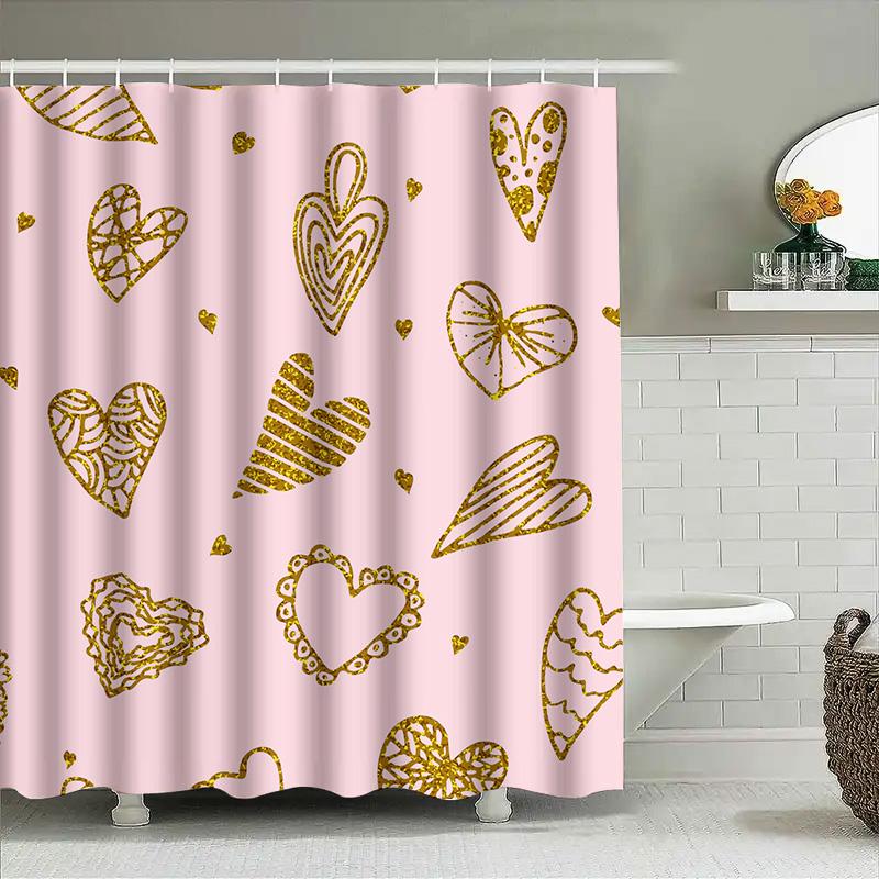 Modern Gold Heart Print Shower Curtain Pink Background With Luxury Decorative Pattern For Bathroom Decoration (Size: 72X84 Inche