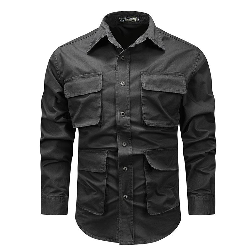 New Autumn and Winter Retro Pure Cotton Tooling Long-sleeved Shirt Men's Loose Large Size High-end Solid Color Shirt Casual Jacket