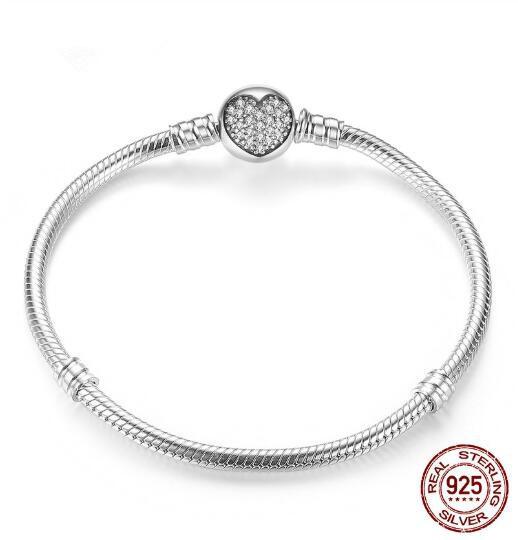 925 Silver Moments Signature Clasp Crystal Snake Chain Bracelet Bangle Fit Bead Charm Jewelry