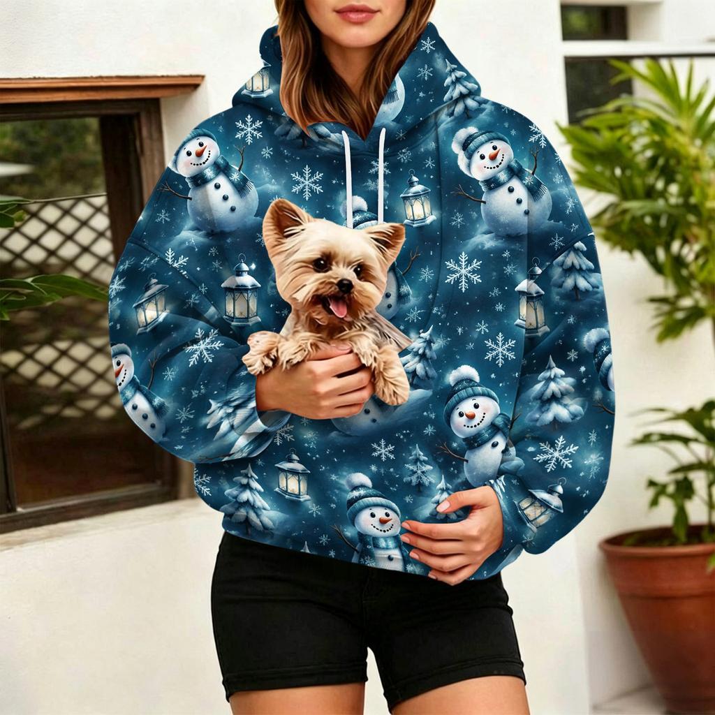 Women's Christmas Print Hoodie with Large Pet Pocket, Casual Long Sleeve Pullover Sweatshirt