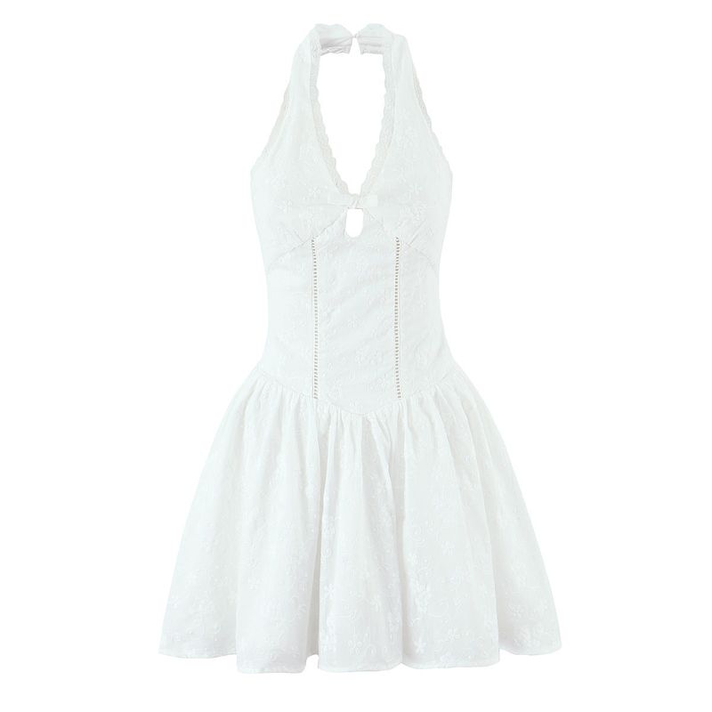 

Angel Kiss French style Pure Desire First Love Feeling White V-neck Halterneck Skirt Lace Embroidery Seaside Holiday Style Suspender Dress Angel Kiss L