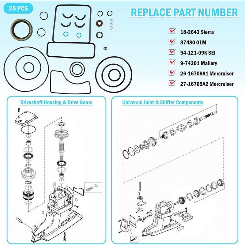 For Mercruiser Bravo Upper Seal Kit 18-2643 Bravo 1 2 3 X XR XZ Blackhawk Stern Drive Replace # 26-16709A2 18-2643
