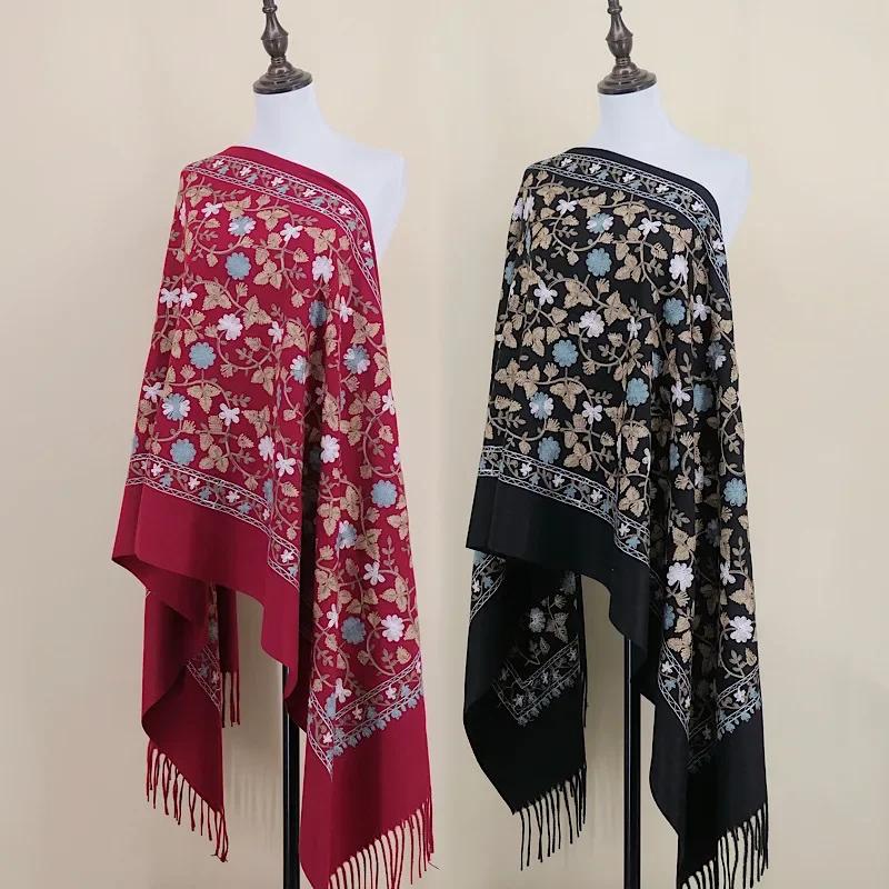 Embroidery Scarf Shawl Imitation Cashmere Woman  Designer Hand Embroidery Cape Thickening Keep Warm Winter Wrap