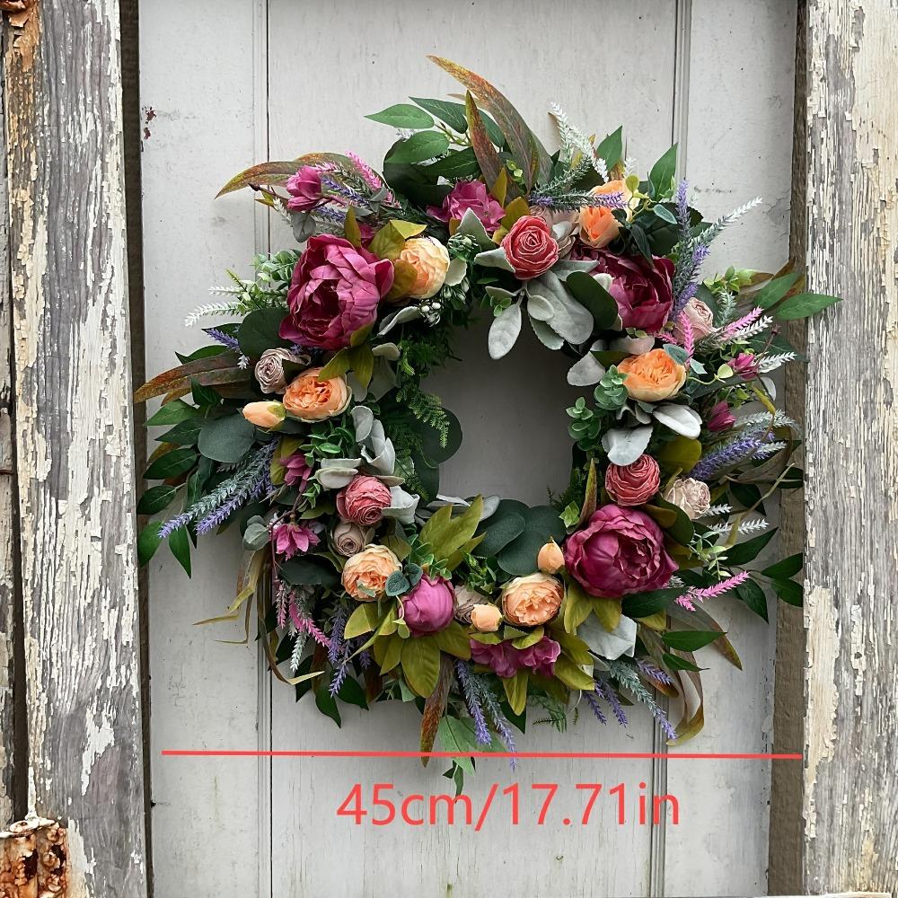 Artificial Wreath Peony Rose Garland with Leaves Vine Spring Summer Front Door Hanging Wreath for Farmhouse Office Home Wedding