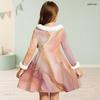 Girls Furry Collar Long Sleeve Bow Decor Printed Dress Dark Green Beige Gold A Line Flared Hem