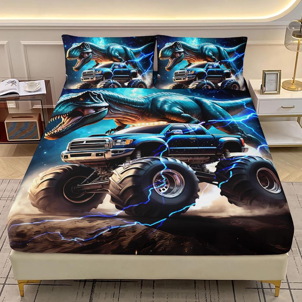 Kids Monster Truck Fitted Sheet Set, 3D Space Galaxy Dinosaur Bed Sheet Set Full Size, Boys Fitted Sheet Set and Pillowcases