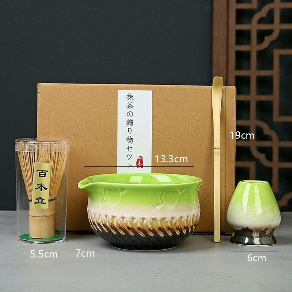 4PCS Ceramic Bamboo Japanese Matcha Tea Set Matcha Bowl Matcha Whisk Holder Matcha Whisk Set Reusable Matcha Making Kit