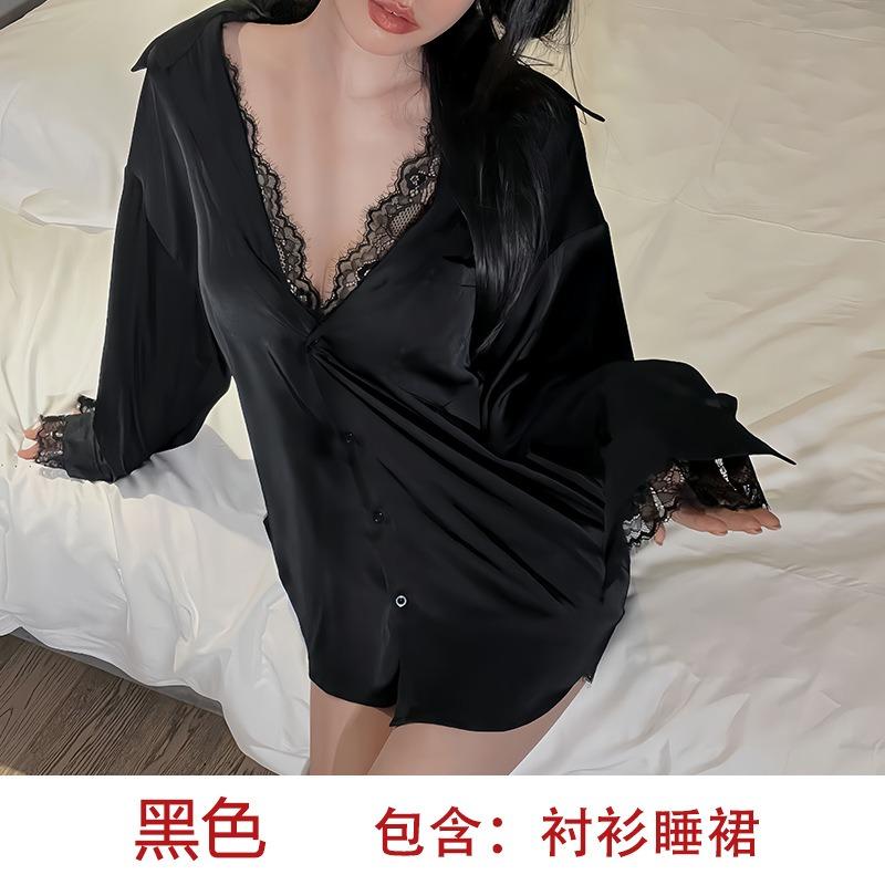 Boyfriend style shirt sexy large size pajamas pure lust thin lace fake two pajamas loungewear