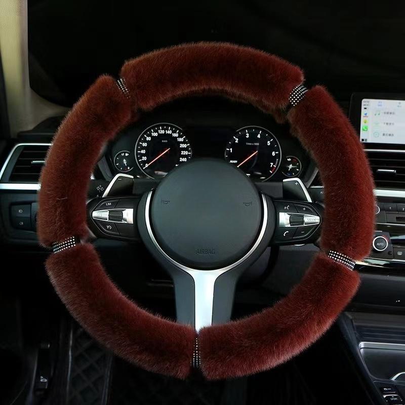 38cm Imitation Mink Fur Car Steering Wheel Cover Warm Plush with Rhinestones Elastic Handle Warmth Luxury Steering Covers