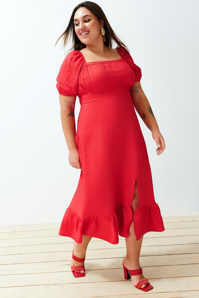 Women's Style Plus Size Red Crew Neck Ruffle Skirt Woven Dress