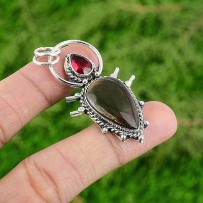 Pear Natural Smoky Quartz Mozambique Garnet 925 Sterling Silver Pendant Jewelry
