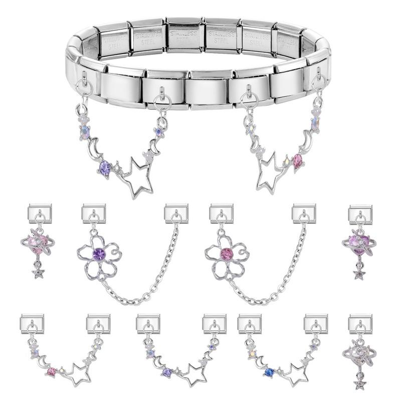 Fashion Crystal Heart Star Flower Moon Tassel Chain Pendant Italian Charm Link Fit 9mm Bracelet Stainless Steel Women DIY Making